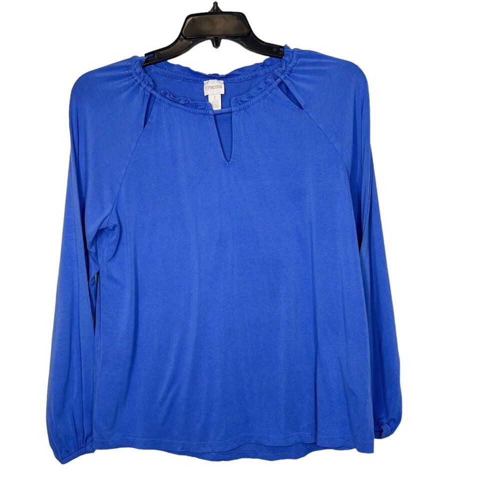 CHICO'S Top Size‎ 1 Medium Periwinkle Cutout Ruffle Neck Womens Shirt Size M